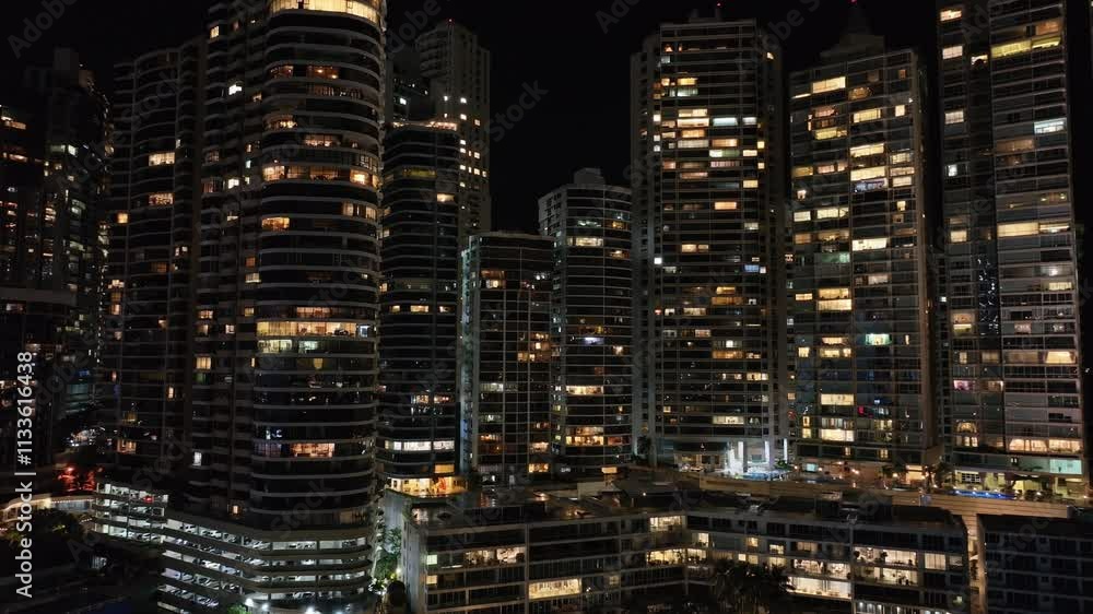 Aerial drone view of Panama City at night. Aerial drone view of Panama City at night.