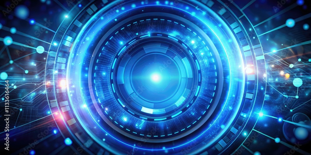 Blue cyber bokeh circles frame a futuristic AI interface, showcasing digital technology's sleek design. Blue cyber bokeh circles frame a futuristic AI interface, showcasing digital technology's sleek design.