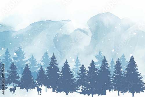 Watercolour Forest Winter Landscape Scenery