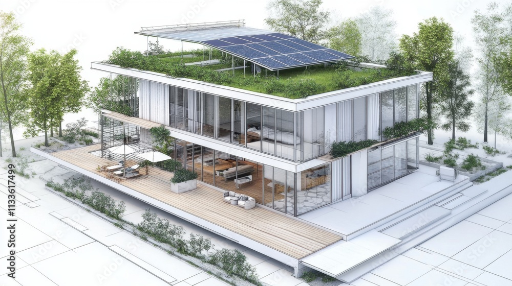 A comprehensive blueprint of a modern, eco-friendly house design. A comprehensive blueprint of a modern, eco-friendly house design.