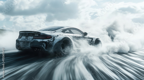 race car swirling smoke resembling the drift smoke from racing, capturing dynamic shapes and patterns. The background should be minimalistic to emphasize the movement and texture of the smoke 