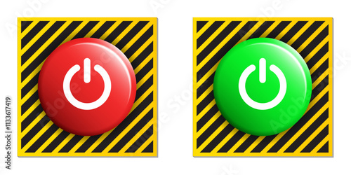 3D Power Switch Button: On and Off Icons and Shutdown Symbols in Round Design on White Background. Vector.