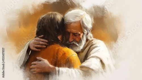 A heartfelt depiction of forgiveness from the father to his returning son in watercolor art.