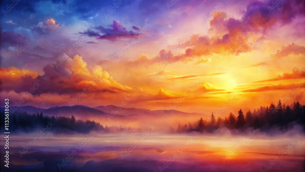 Fototapeta premium Vibrant sunset over misty mountain lake landscape