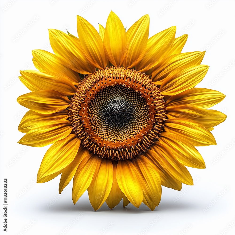 Fototapeta premium Bright sunflower with golden petals and a dark center on a white background.