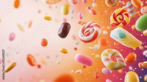 An enchanting display of assorted candies, featuring swirls and sugar-coated delights, set against a glowing orange background for a lively and sweet composition. photo