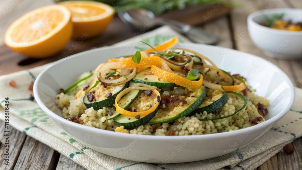 A closeup of a rustic wooden table featuring a salad composed of fluffy quinoa mixed with charred zucchini caramelized onions and a drizzle of bright orange citrus dressing A closeup of a rustic wooden table featuring a salad composed of fluffy quinoa mixed with charred zucchini caramelized onions and a drizzle of bright orange citrus dressing