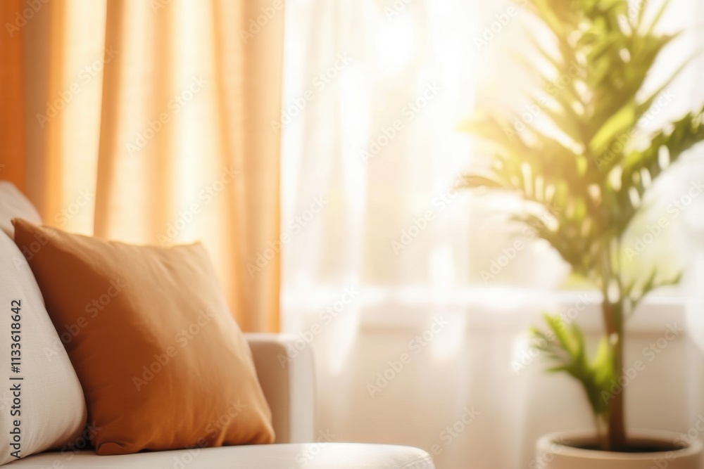 A serene living space with a lush green plant is harmoniously placed to the side, paired with orange decorative pillows, creating a warm and inviting home feel. A serene living space with a lush green plant is harmoniously placed to the side, paired with orange decorative pillows, creating a warm and inviting home feel.