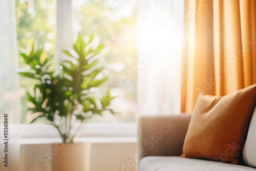 Wallpaper Mural A bright and airy living room with a green potted plant adorning the corner, orange curtains, and a cozy atmosphere are illuminated by the morning sun. Torontodigital.ca