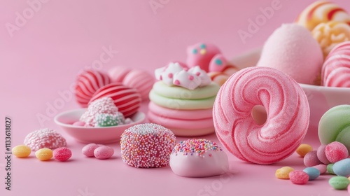 An assortment of vibrantly colored candies, including marshmallows, lollipops, and macarons, beautifully arranged on a soft pink background, creating a playful scene.