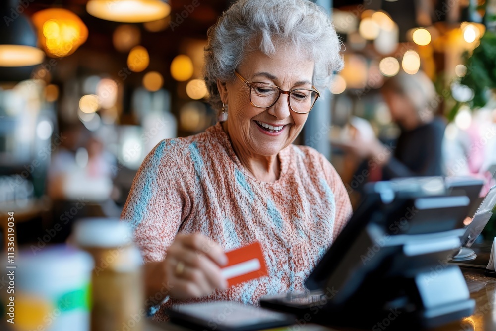 A senior woman with short curly hair engages in a payment process at a cozy cafe with a smile, representing financial freedom, happiness, and a vibrant lifestyle. A senior woman with short curly hair engages in a payment process at a cozy cafe with a smile, representing financial freedom, happiness, and a vibrant lifestyle.