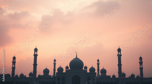 silhouette of mosque domes and minarets at sunrise with soft pink skies