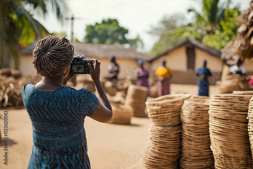 A woman photographs a village scene with woven baskets while others stand in the background, suggesting culture, tradition, and storytelling in daily life.