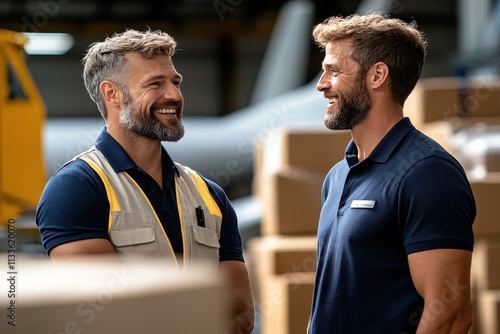 Two male colleagues in a work environment share a laugh, surrounded by blurred background and boxes, highlighting professional camaraderie and workplace happiness. photo