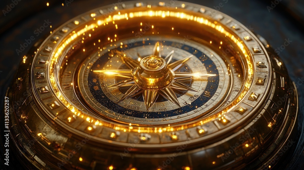 Ornate golden compass, glowing, magical sparks. Ornate golden compass, glowing, magical sparks.
