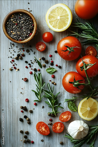 top view of healthy food ingredients on light wooden background realistic minimal fashion photograph copy space