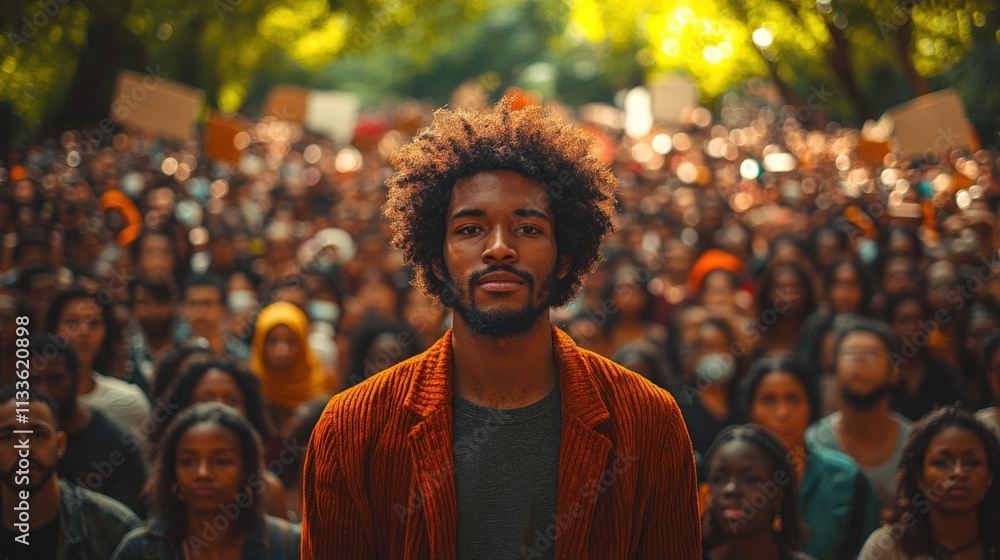 Man in orange jacket, faces blurred crowd. Man in orange jacket, faces blurred crowd.