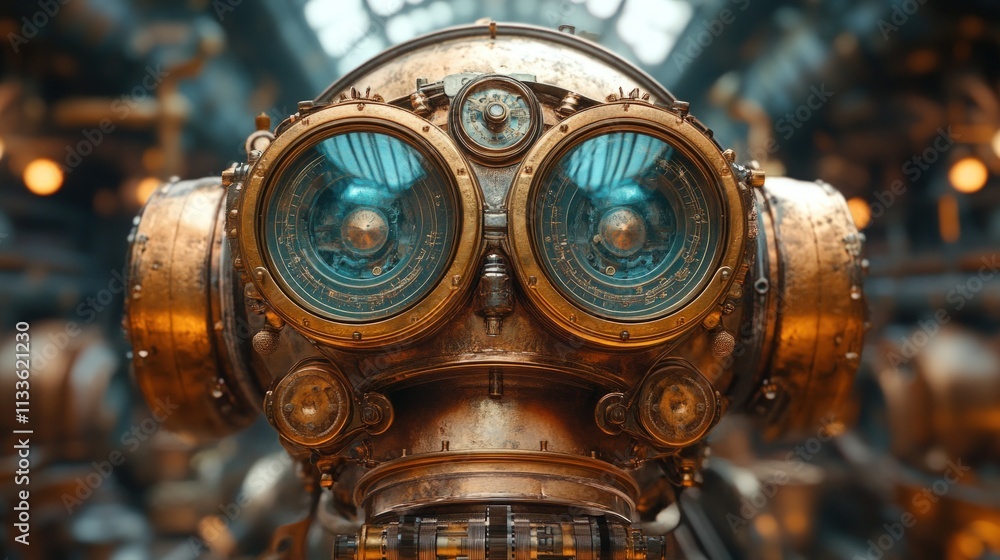 Fototapeta premium Steampunk robot head, brass, intricate details.