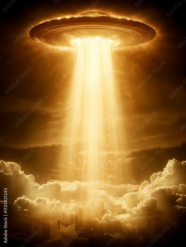 Fototapeta premium Mysterious flying saucer hovers over city with a bright beam of light during twilight