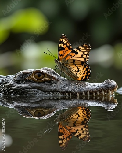 Borboleta sentada sobre a boca de um jacaré no Pantanal