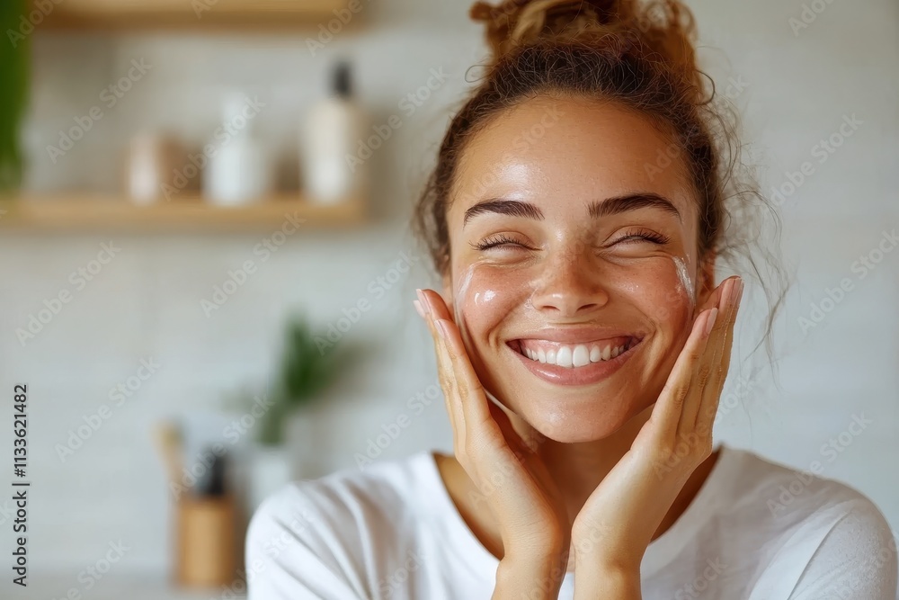 Image of a woman lovingly massaging her face with cream, capturing moments of self-love, skincare expertise, and joyful indulgence in a sleek bathroom arrangement. Image of a woman lovingly massaging her face with cream, capturing moments of self-love, skincare expertise, and joyful indulgence in a sleek bathroom arrangement.