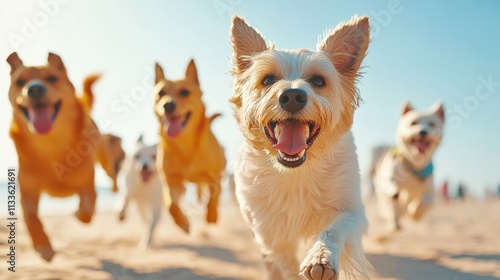 A cheerful group of dogs, led by a delighted terrier, joyously prance across a sun-drenched sandy beach, showcasing lively companionship and playful energy. photo