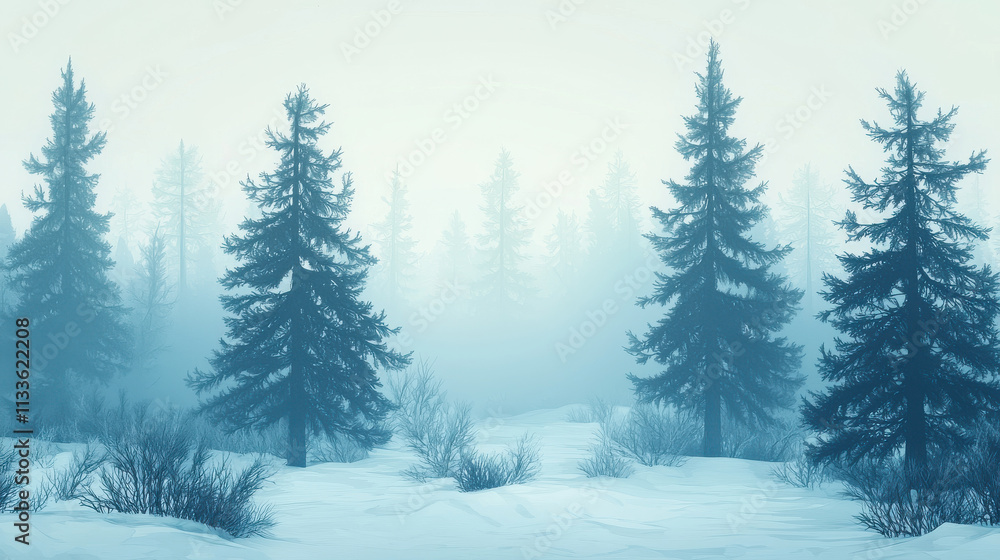 Misty forest landscape with tall pine trees and snow covered ground, evoking tranquility Misty forest landscape with tall pine trees and snow covered ground, evoking tranquility