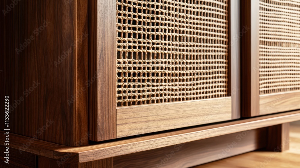 Close-up of a wooden cabinet with rattan doors. Close-up of a wooden cabinet with rattan doors.