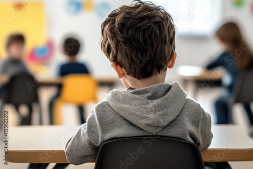 A child is sitting facing away, at a desk in a classroom filled with colorful decor and peers, symbolizing the inclusive and social aspects of learning communities.