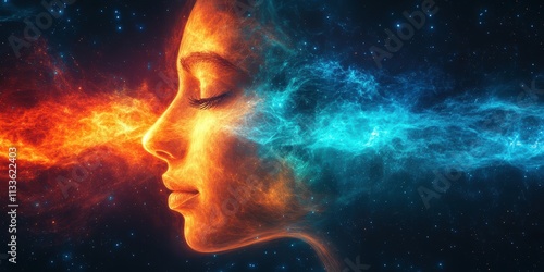 A mesmerizing depiction of a woman's face illuminated by contrasting swirls of fiery orange and cool blue energy in a cosmic background, symbolizing balance and harmony