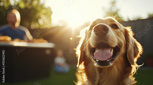 A happy golden retriever poses in a backyard during golden hour, embodying joy and warmth against the blurred silhouette of a person in the background. photo