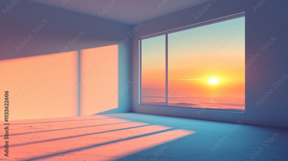 A Serene Interior Space Bathed in Warm Sunlight from a Large Window Overlooking a Tranquil Ocean Sunset with Vibrant Colors and Peaceful Atmosphere A Serene Interior Space Bathed in Warm Sunlight from a Large Window Overlooking a Tranquil Ocean Sunset with Vibrant Colors and Peaceful Atmosphere