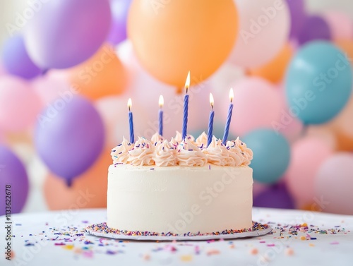 A pristine white cake decorated with blue candles against a vibrantly decorated backdrop of colorful balloons, ready to celebrate a special and joyful event. photo