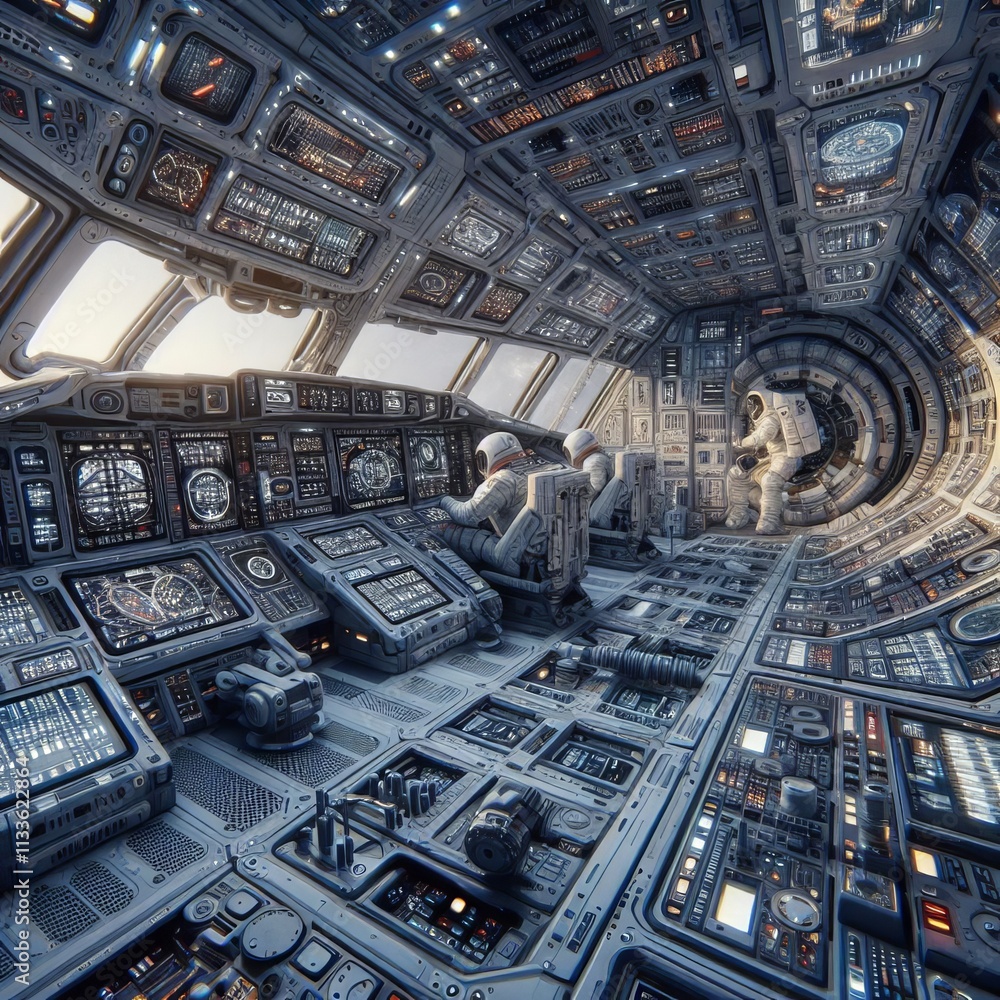 A detailed view of a futuristic spacecraft control room with astronauts operating high-tech equipment. The intricate design of control panels and space gear enhances the immersive feel of space A detailed view of a futuristic spacecraft control room with astronauts operating high-tech equipment. The intricate design of control panels and space gear enhances the immersive feel of space