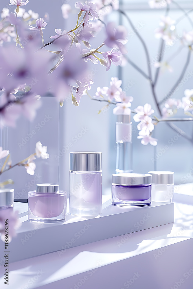 skincare product display, booth filled with purple flowers and skincare products, symmetrical design, natural light, macro lens captures details, pastel tones, elegance skincare product display, booth filled with purple flowers and skincare products, symmetrical design, natural light, macro lens captures details, pastel tones, elegance