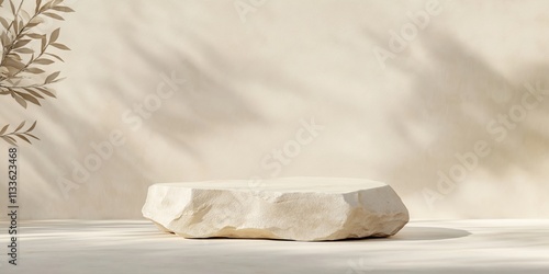 Beige rock podium displays product. Natural light casts soft shadows on pale beige surface. Delicate shadows of leaves create serene ambiance. Ideal for eco-friendly products. Natural setting creates