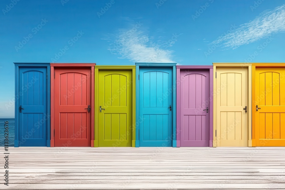 Six brightly painted doors are neatly lined up along a wooden deck, set against a stunning blue ocean horizon, depicting color and possibility. Six brightly painted doors are neatly lined up along a wooden deck, set against a stunning blue ocean horizon, depicting color and possibility.