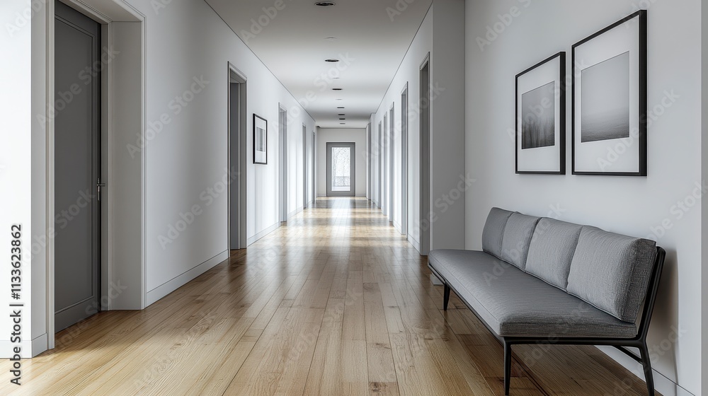 Fototapeta premium Serene minimalist hallway design gray couch against a white wall creating a spacious and inviting atmosphere
