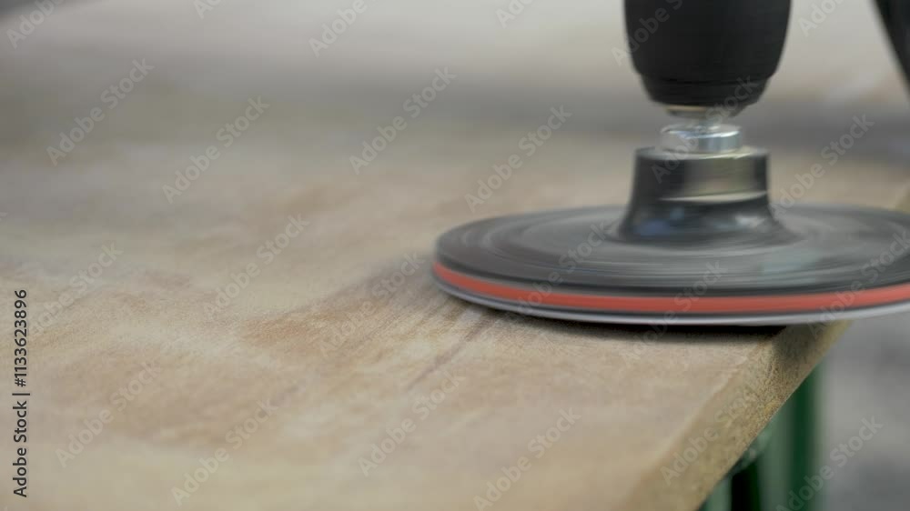 The sander is smoothing a wooden board, making consistent passes across the surface to remove rough spots and create an even texture. Power tool used to smooth surfaces by abrasion with sandpaper The sander is smoothing a wooden board, making consistent passes across the surface to remove rough spots and create an even texture. Power tool used to smooth surfaces by abrasion with sandpaper