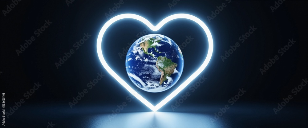 Naklejka premium Glowing Heart Surrounding Earth Symbolizing Global Love Against Dark Background