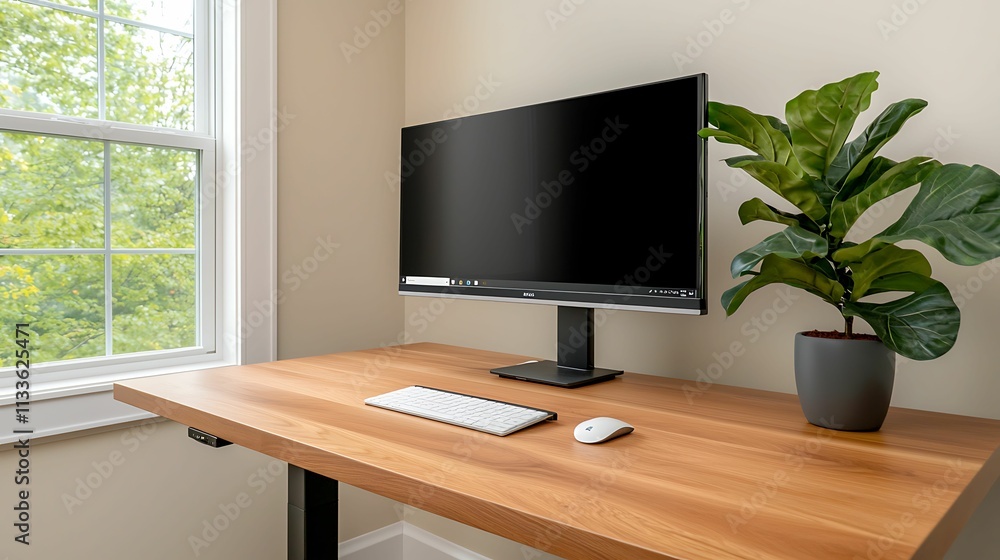 A modern workspace featuring a sleek monitor, keyboard, and a decorative plant on a wooden desk by a window, creating an inviting and productive atmosphere. A modern workspace featuring a sleek monitor, keyboard, and a decorative plant on a wooden desk by a window, creating an inviting and productive atmosphere.