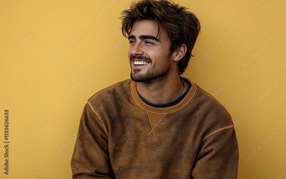 Fototapeta premium man smiling with sweatshirt in color background