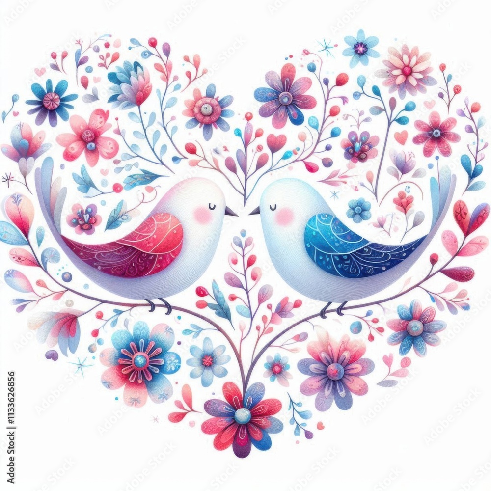 two cute love birds perched on heat wreath branches, surrounding by colorful flowers. two cute love birds perched on heat wreath branches, surrounding by colorful flowers.