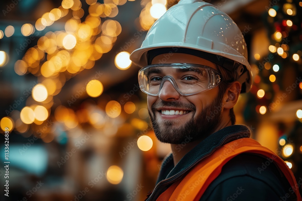 Happy worker in safety gear smiles at camera. Festive lights create backdrop. Construction worker wears protective glasses, hard hat. Holiday cheer evident in photo. Professional in job site work Happy worker in safety gear smiles at camera. Festive lights create backdrop. Construction worker wears protective glasses, hard hat. Holiday cheer evident in photo. Professional in job site work