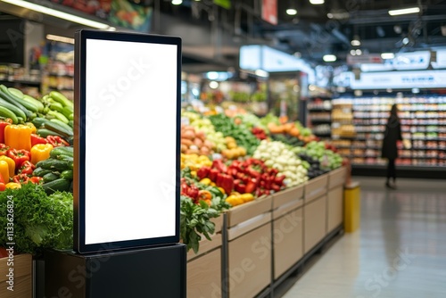 Fototapeta Naklejka Na Ścianę i Meble -  Display stand in a grocery store surrounded by fresh fruits and vegetables in a well-organized market