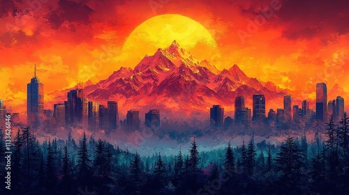 Fiery Sunset Cityscape Mountain Forest Landscape