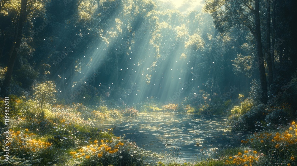 Sunlit forest stream, flowers, floating petals. Sunlit forest stream, flowers, floating petals.