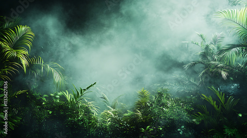 A lush rainforest partially shrouded in clouds of condensation, representing natural carbon absorption, with dramatic lighting  photo