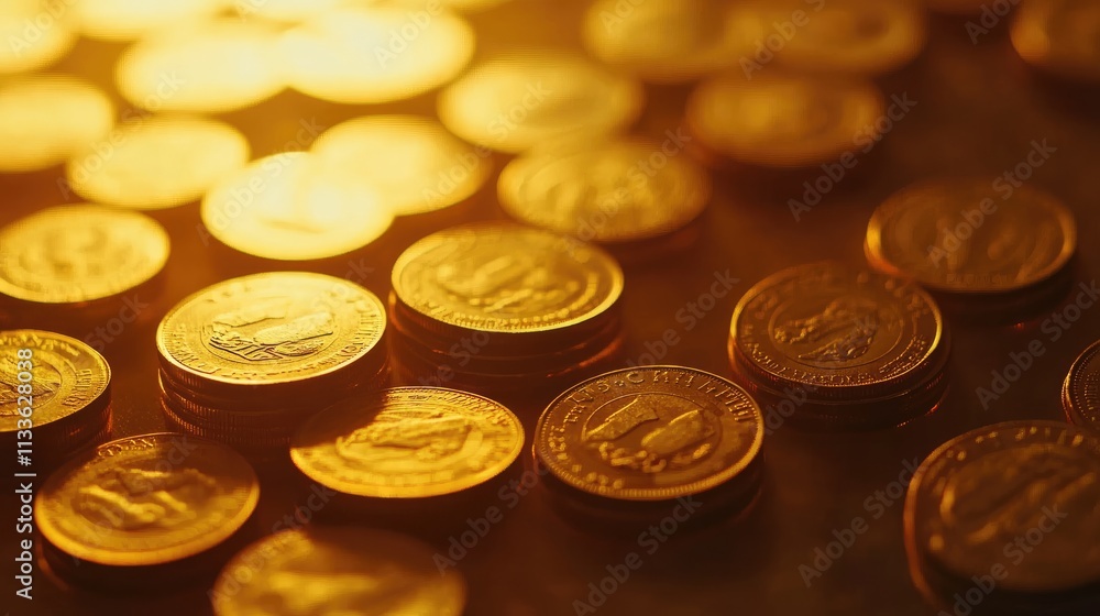 Golden coins on a table, close up, focus on, copy space, vibrant gold tones, double exposure silhouette with financial growth Golden coins on a table, close up, focus on, copy space, vibrant gold tones, double exposure silhouette with financial growth