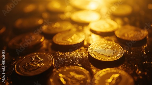 Golden coins on a table, close up, focus on, copy space, vibrant gold tones, double exposure silhouette with financial growth photo